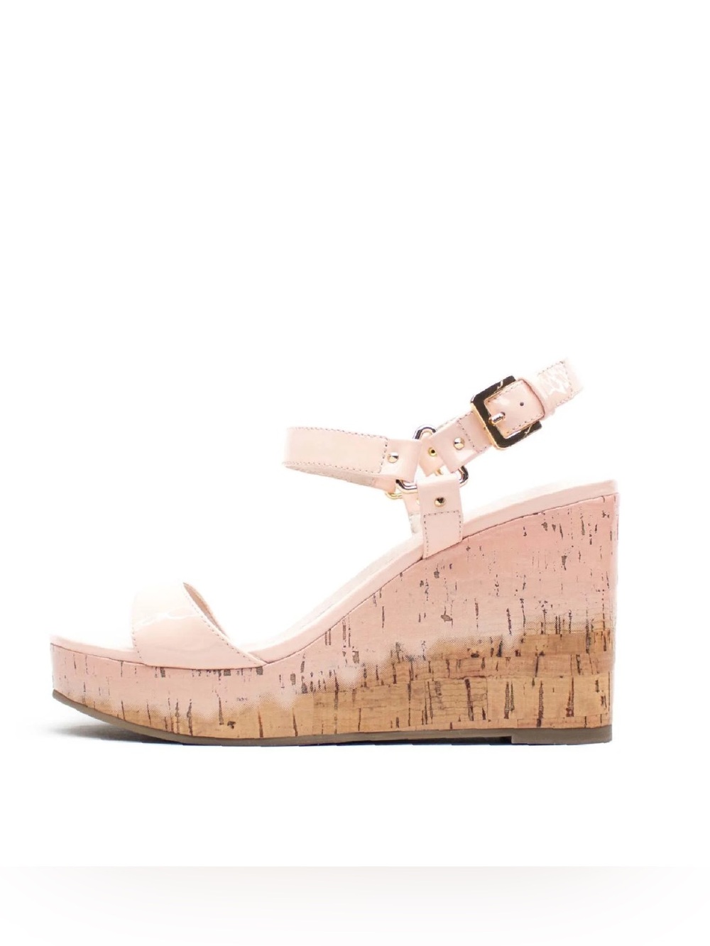 CECELIA NEW YORK Blush Libby Patent Cork Wedge Sandals with Ankle Buckle